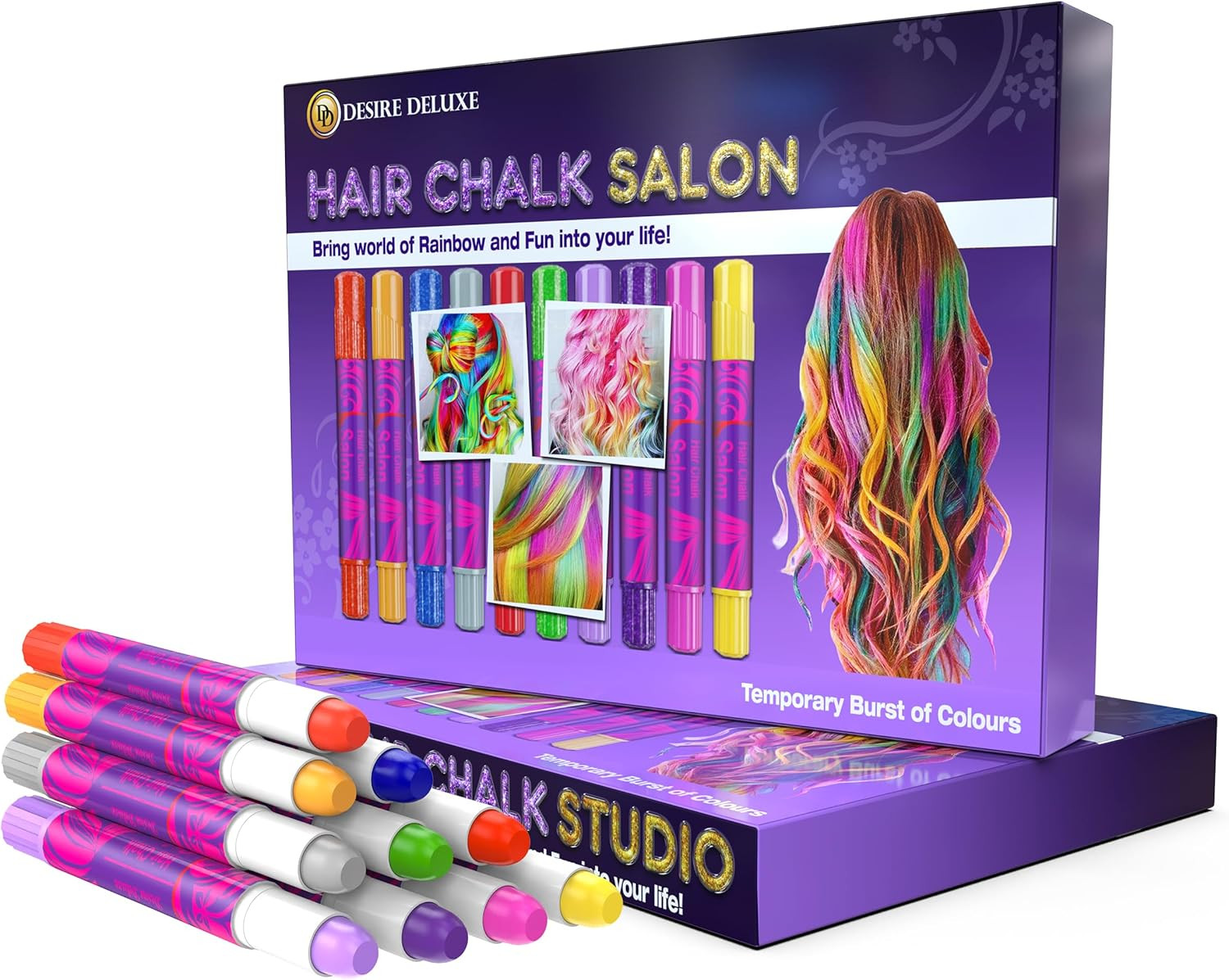 Desire Deluxe Hair Chalk for Girls Makeup Kit of 10 Temporary Colour Pens Gifts, Great Toy for Kids Age 5 6 7 8 9 10 11 12 13 Years Old, "Blue,Green,Grey,Pink,Purple | Amazon (US)