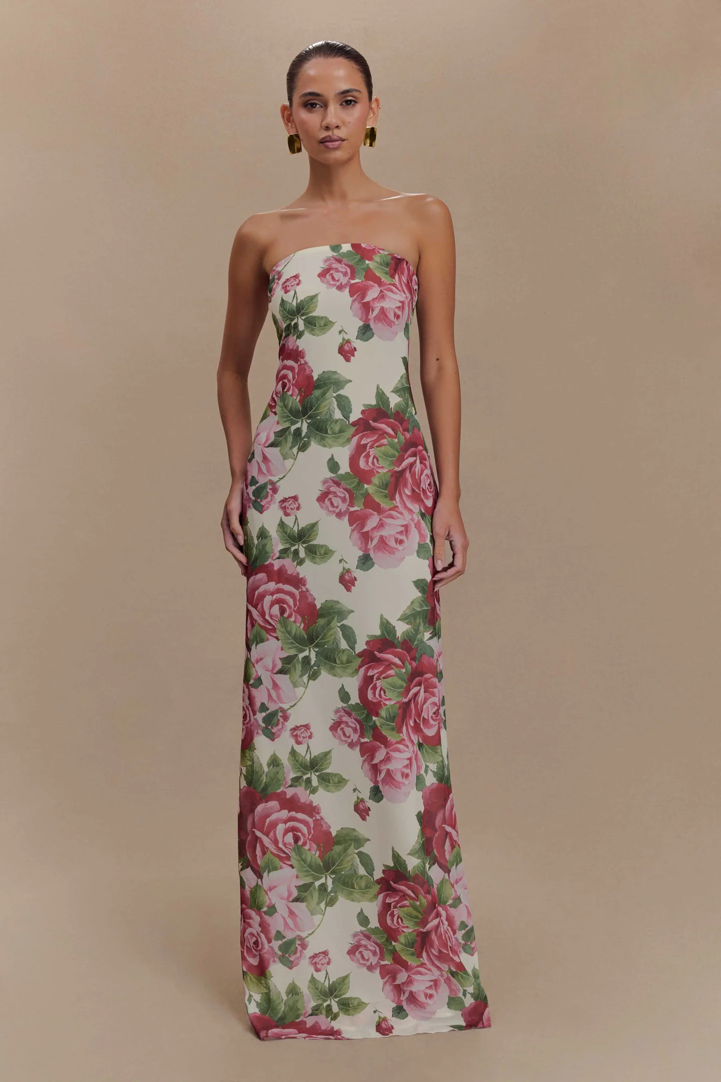 Strapless Chiffon Maxi Dress - Sonia Rose Print | MESHKI US