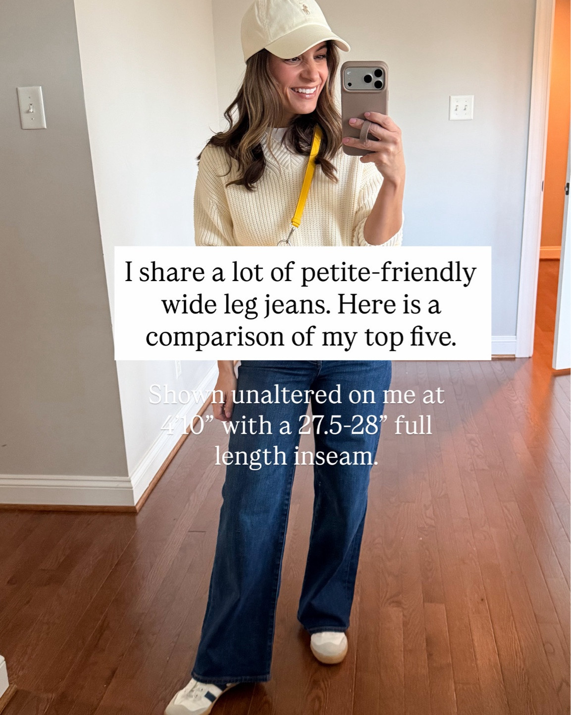 I share a lot of petite-friendly wide leg jeans. Here is a comparison of my top five. 

J.Crew Factory Classic Wide Leg: petite 24 / 10” rise / 28” inseam 
Madewell PV Wide Leg: petite 24 / 10 3/8” rise / 28” inseam
Madewell PV Crop Wide Leg: classic 24 / 10 3/4” rise / 27” inseam (petite 10 3/8” rise / 25” inseam) 
Bella Wide: 24 short in midnight blue / 10.5” rise (starting at 10” in smaller sizes) / 28” inseam 
Bella Relaxed Straight 24 short in stormy blue / 10.5” rise (starting at 10” in smaller sizes) / 28” inseam / extra short has a 26” inseam 

Top: xs

For size comparison, I’m 4’10” 105lbs. My measurements are 32”, 24”, 36”. I typically wear petite xxs/00/24 and have a 25” ankle inseam and a 27.5-28” full length inseam.
