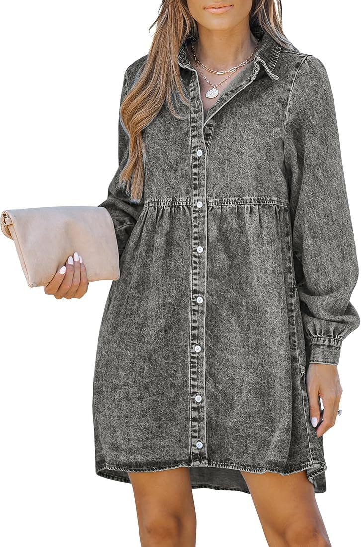 Long Sleeve Denim Dress for Women Jean Dress Button Down Casual Babydoll Denim Shirt Dress | Amazon (US)