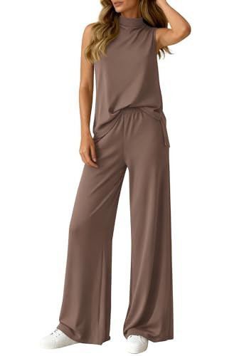 BTFBM Summer 2 Piece Lounge Sets For Women Sleeveless Mock Neck Top Wide Leg Pants Spring Vacation Airport Travel Outfits(Khaki, Medium) | Amazon (US)