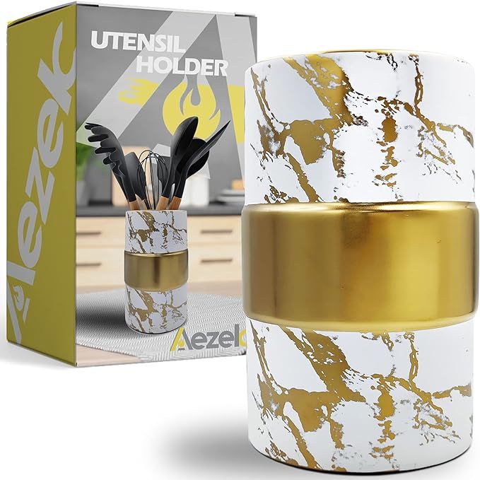 Aezek Kitchen Utensil Holder (Marble Gold), Large Ceramic Utensils Crock, for Cooking Countertop,... | Amazon (US)