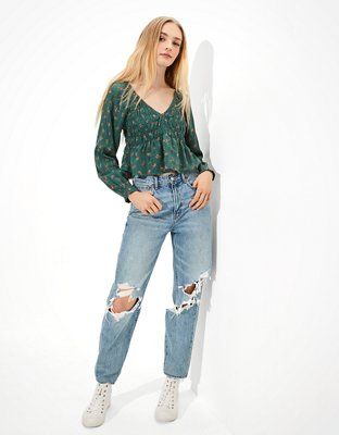 AE Smocked Long-Sleeve Blouse | American Eagle Outfitters (US & CA)