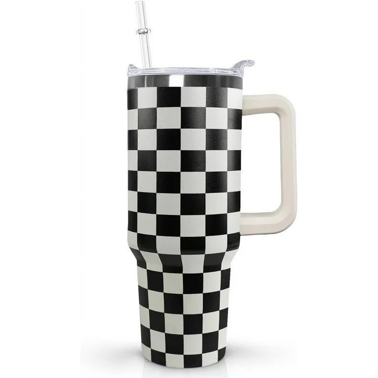 Black and white Checkered Tumbler with Handle Lid and Straw,40 Oz Checkered Tumbler Water Bottle ... | Walmart (US)