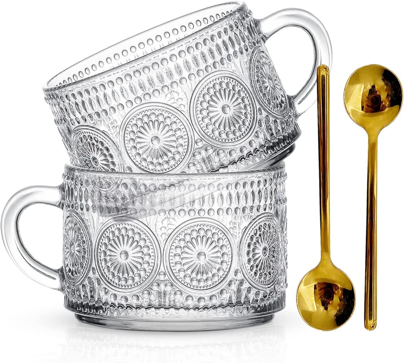 Oliver&CO Vintage Glass Coffee Mug Set with Elegant Gold Stirring Spoons, 4 Pc. Set, Clear Emboss... | Amazon (US)