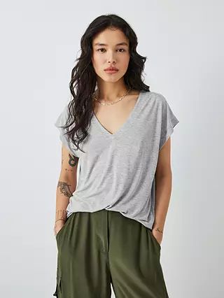 AND/OR Cecile V-Neck T-Shirt, Grey Marl | John Lewis (UK)