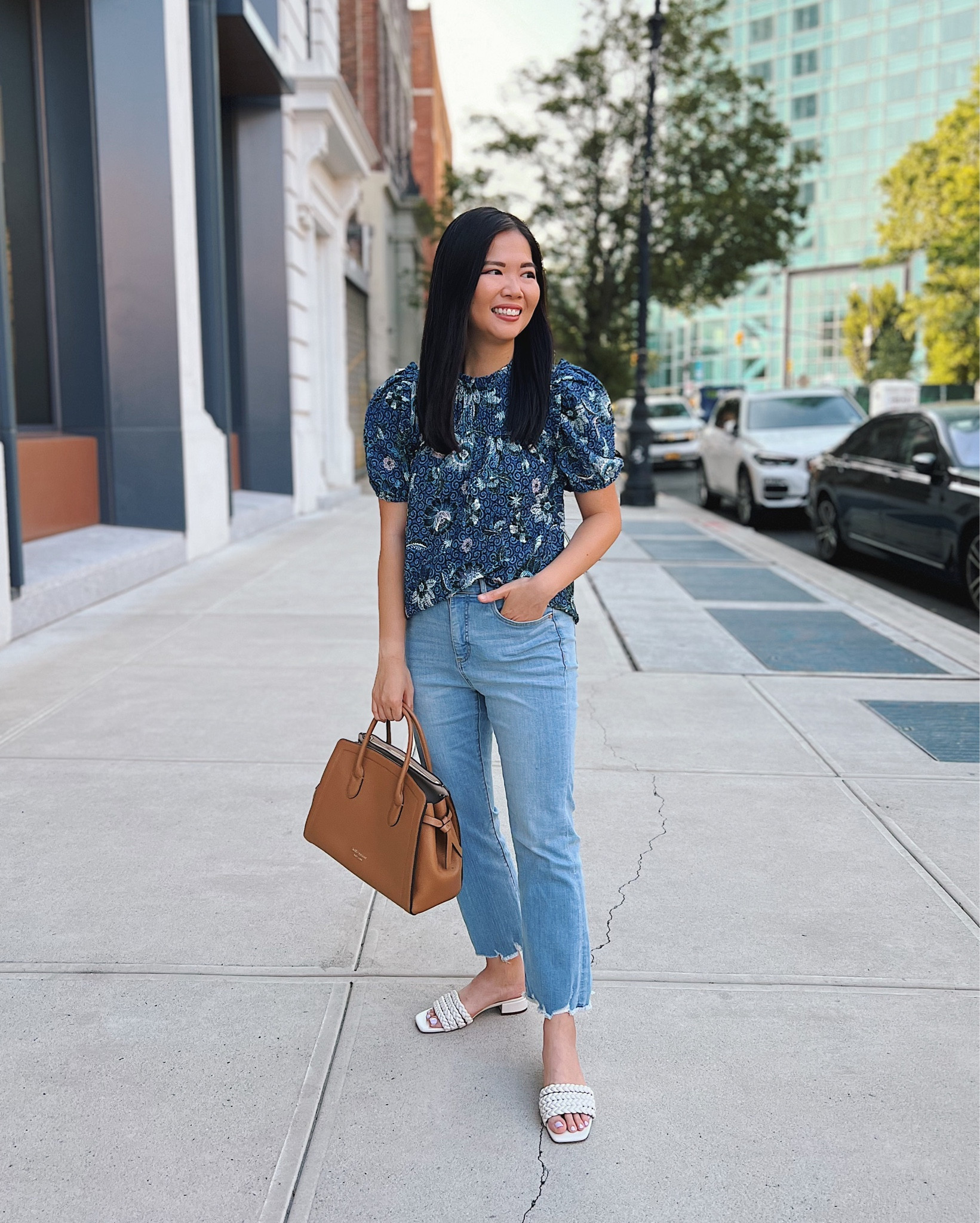 Blue floral top with puff sleeves (XS)
Blue puff sleeve top
Blue top 
LOFT kick crop jeans (27P)
Flare jeans 
Petite jeans 
High waisted jeans
Kate Spade Knott satchel bag
Brown leather bag 
Brown work bag 
White braided sandals (TTS)
Smart casual outfit 
Teacher outfit 
weekend outfit 
Mom outfit 
LOFT outfit

#LTKstyletip #LTKSeasonal #LTKunder50