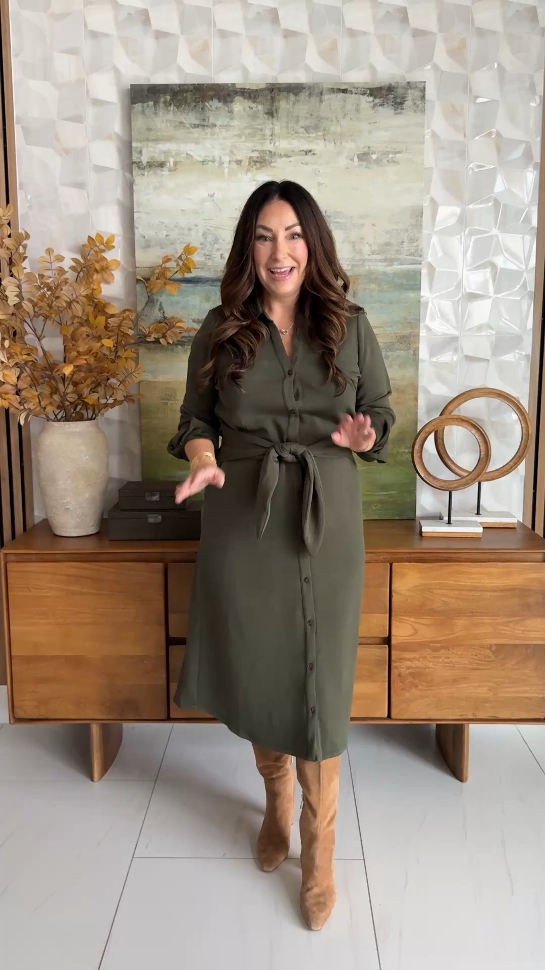 LOVE this olive @Spanx AirEssentials dress! The tie waist + suede boots make it feel polished while still being ridiculously comfortable. | Wearing tts, L

use code LTK20 for 20% off Spanx on 9/25 & 9/26

#spanxpartner

#LTKOver40 #LTKSaleAlert #LTKMidsize