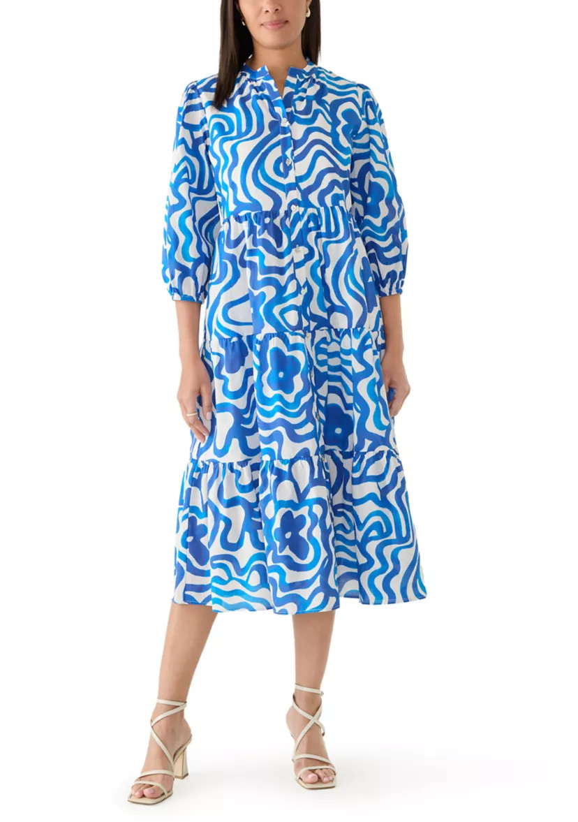 Women's 3/4 Sleeve Swirl Print Shift Midi Dress | Belk