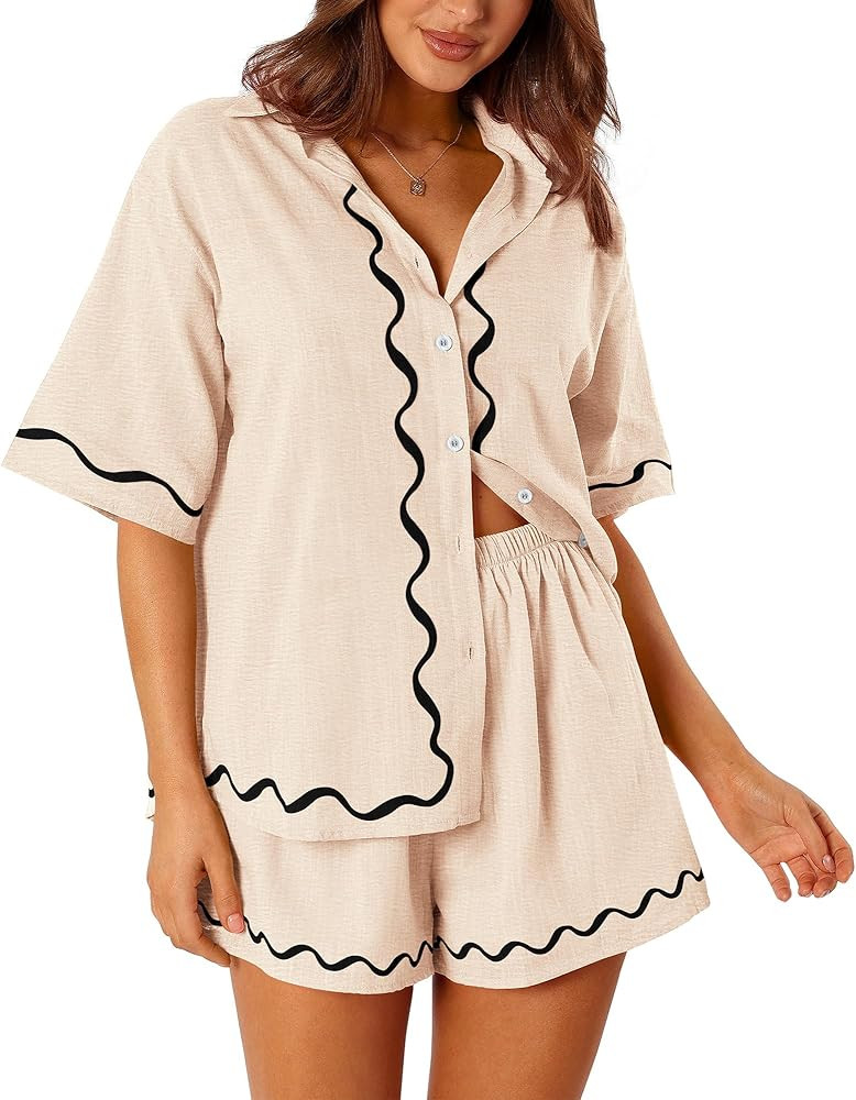PRETTYGARDEN Womens 2 Piece Summer Button Down Shirts And Lounge Shorts Pajama Sets | Amazon (US)