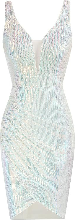 GRACE KARIN Women Deep V Neck Party Mini Dress U Back Sequin Irregular Hem Evening Dress | Amazon (US)