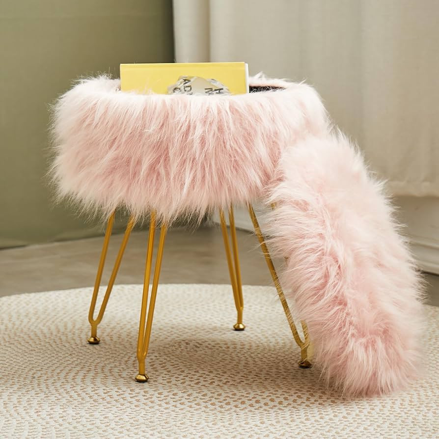 Alessing Pink Vanity Stool Chair with Storage, Faux Fur Storage Ottoman Furry Makeup Stool, Fuzzy... | Amazon (US)