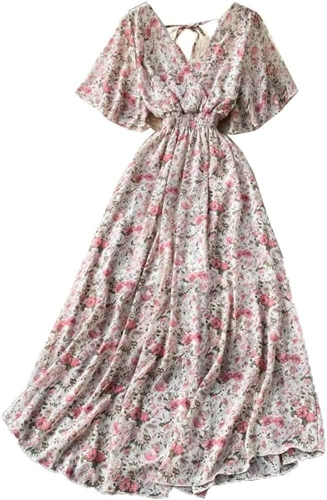 Women Summer Print Floral High Waist A-Line Chiffon Dress V-Neck Flare Sleeve Beach Mid-Calf Robe... | Amazon (US)