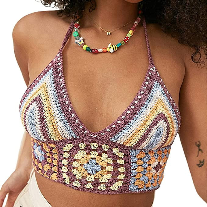 Women Knitted Camisole Tops Sleeveless Colorful Stripe V-Neck Crochet Crop Top 90s E Girl Streetw... | Walmart (US)