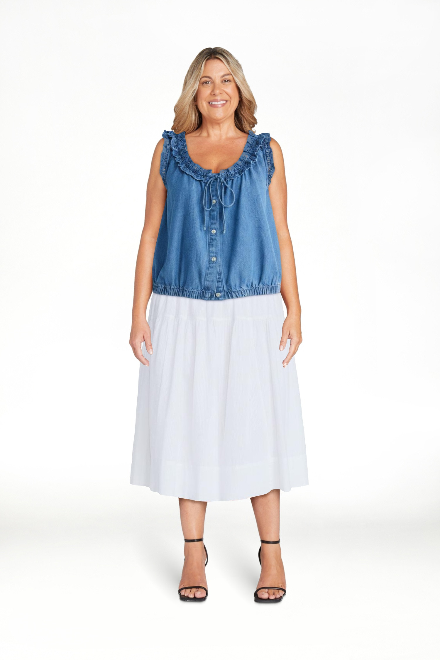 Free Assembly Eyelet Ruffle Sleeveless Chambray Top, Sizes XS-XL | Walmart (US)