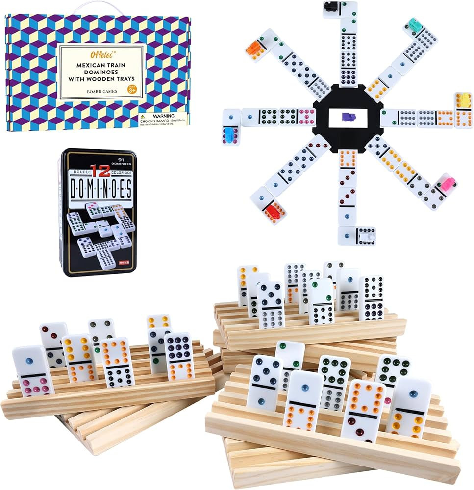 Offelec Mexican Train Double 12 Dominoes Set, 91 Tiles Classic Domino Game with 8 Wooden Trays Ra... | Amazon (US)