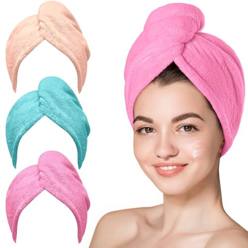 Hicober Microfiber Hair Towel, 3 Packs Hair Turbans for Wet Hair, Drying Hair Wrap Towels for Curly Hair Women Anti Frizz (Light Aqua,Peachy Coral, Sweet Pink) | Amazon (US)