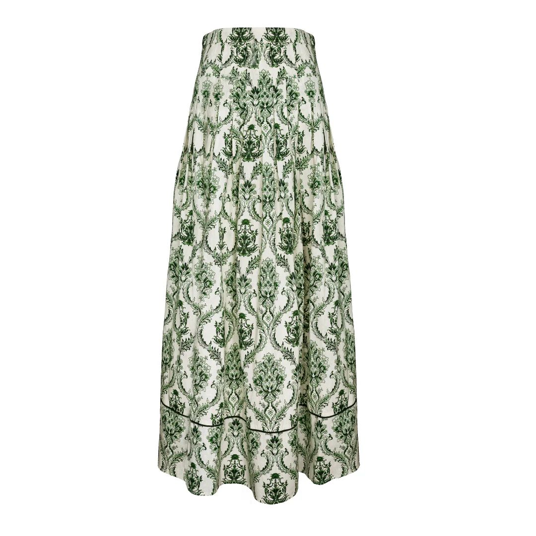 Pleated Maxi Skirt, Green and Ivory Trellis Print | The Avenue