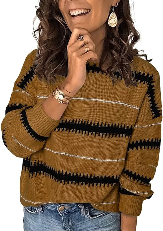 Dokotoo Womens Color Block Sweaters Long Sleeve Crewneck Pullover Knit Jumper Tops | Amazon (US)