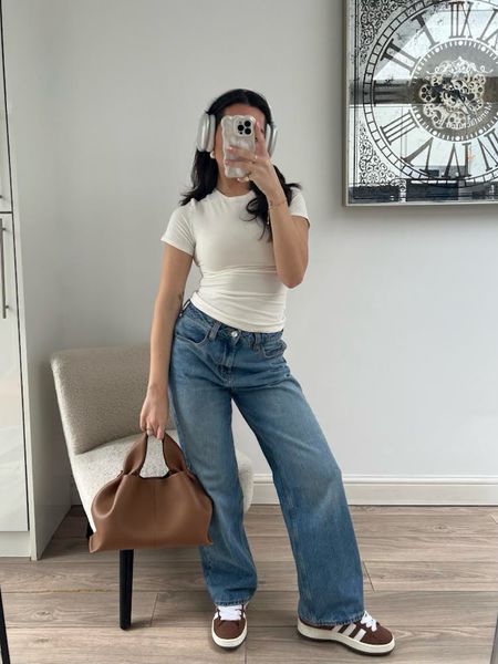 casual outfit, fitted white tshirt, petite asos jeans, wide leg jeans, Polene brown bag, casual outfit, classic outfit, basics, Apple air pod max, adidas campus trainers brown 

#LTKSeasonal #LTKeurope #LTKstyletip
