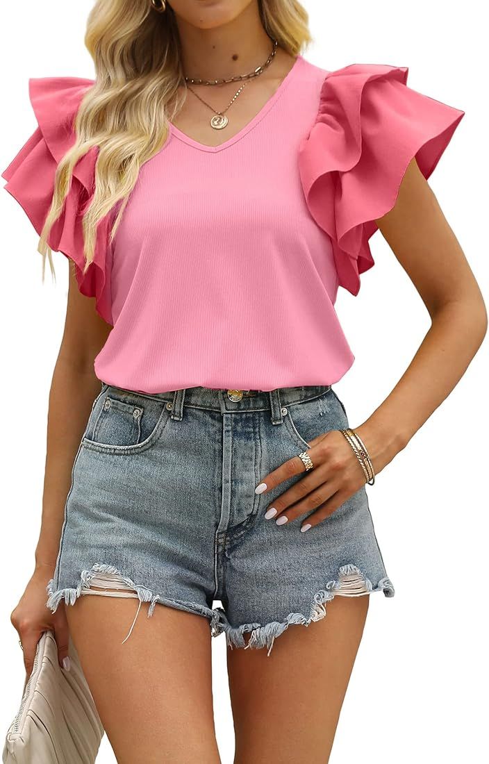 Bosmeer Womens Summer Tops Ruffle Short Sleeve V Neck Cute Clothes Spring Outfits 2023 | Amazon (US)