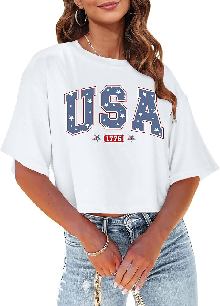 hohololo American Flag Crop Tops Women USA Crop Shirt Patriotic 4th of July Tee Memorial Day Tshi... | Amazon (US)