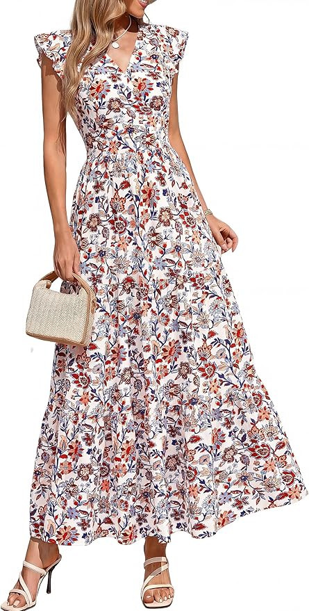 PRETTYGARDEN Women's Spring Summer Maxi Dresses 2026 Casual Wrap V Neck Floral Ruffle Sleeve Flow... | Amazon (US)