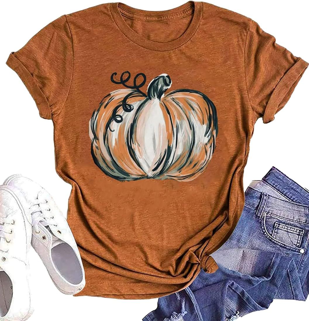 Halloween Pumpkin Graphic Shirt Women Leopard Pumpkin Short Sleeve Cute Fall Tee Tops Thanksgivin... | Amazon (US)