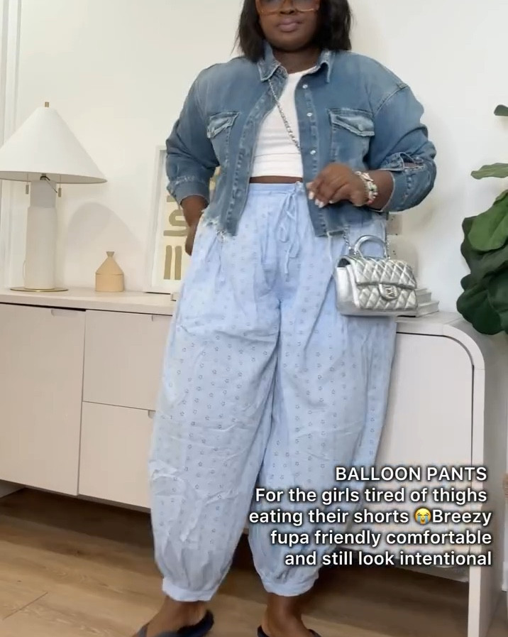 For the girls tired of fighting with shorts every summer. These balloon pants are breezy, comfortable, and effortlessly stylish. Just add a tank and denim jacket for an easy everyday look. #BalloonPants
#SummerOutfitIdeas
#PlusSizeStyle
#ComfortableFashion
#WideLegPants
#CasualChicStyle
#SummerFashion
#LTKStyle
#EverydayOutfit
#FashionOver40

#LTKMidsize #LTKootd #LTKSeasonal