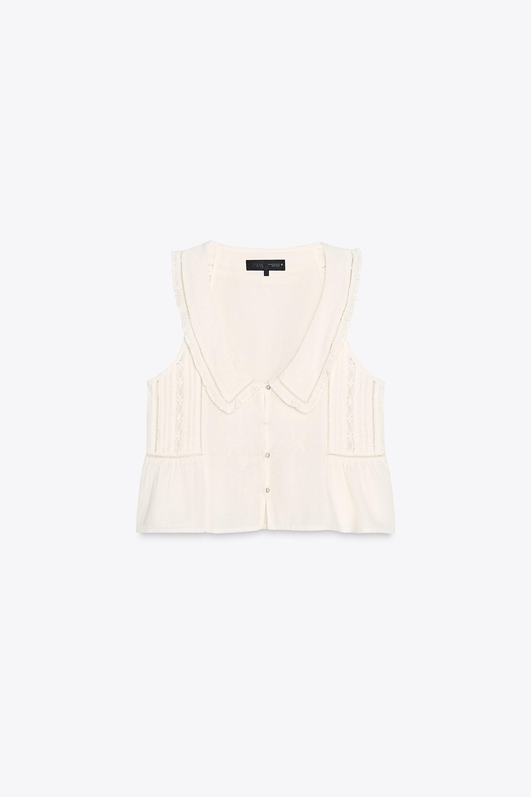 Top made with 12% linen. V-neck with Peter Pan collar and sleeveless design. Embroidered flower a... | Zara US