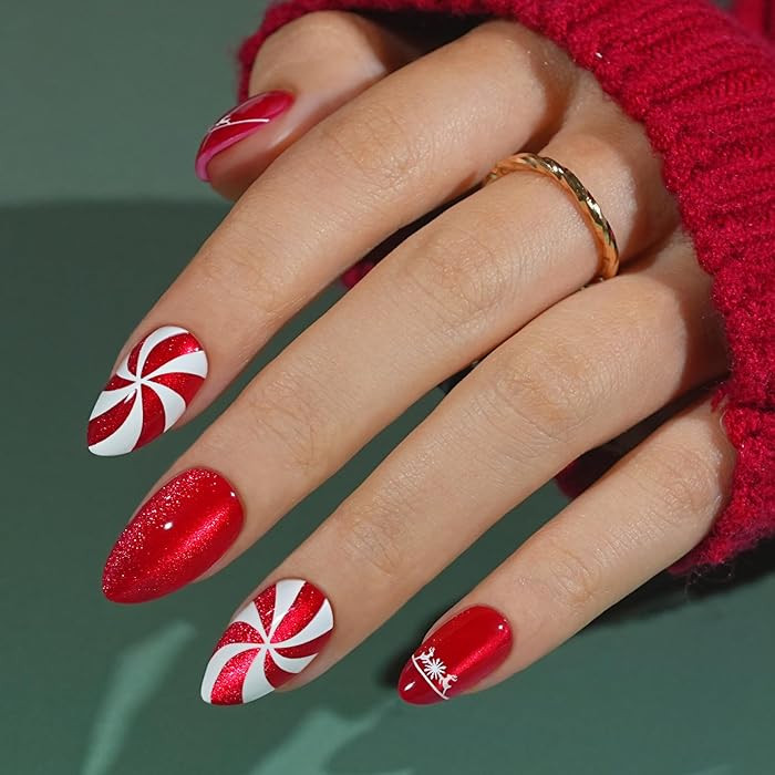 Christmas Press On Nails Almond - Jofay Fashion Red Cat Eye Press On Nails, Candy Elk Stick On Na... | Amazon (US)