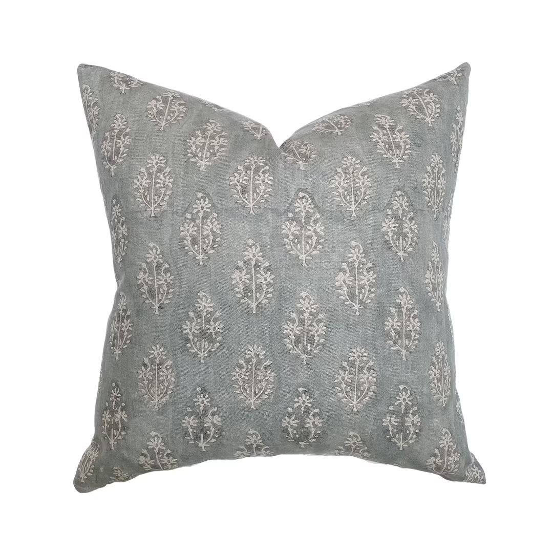 Silas | Muted Blue Floral Handblock Pillow Cover | Dusty Blue Designer Fabric | Neutral Home Deco... | Etsy (US)