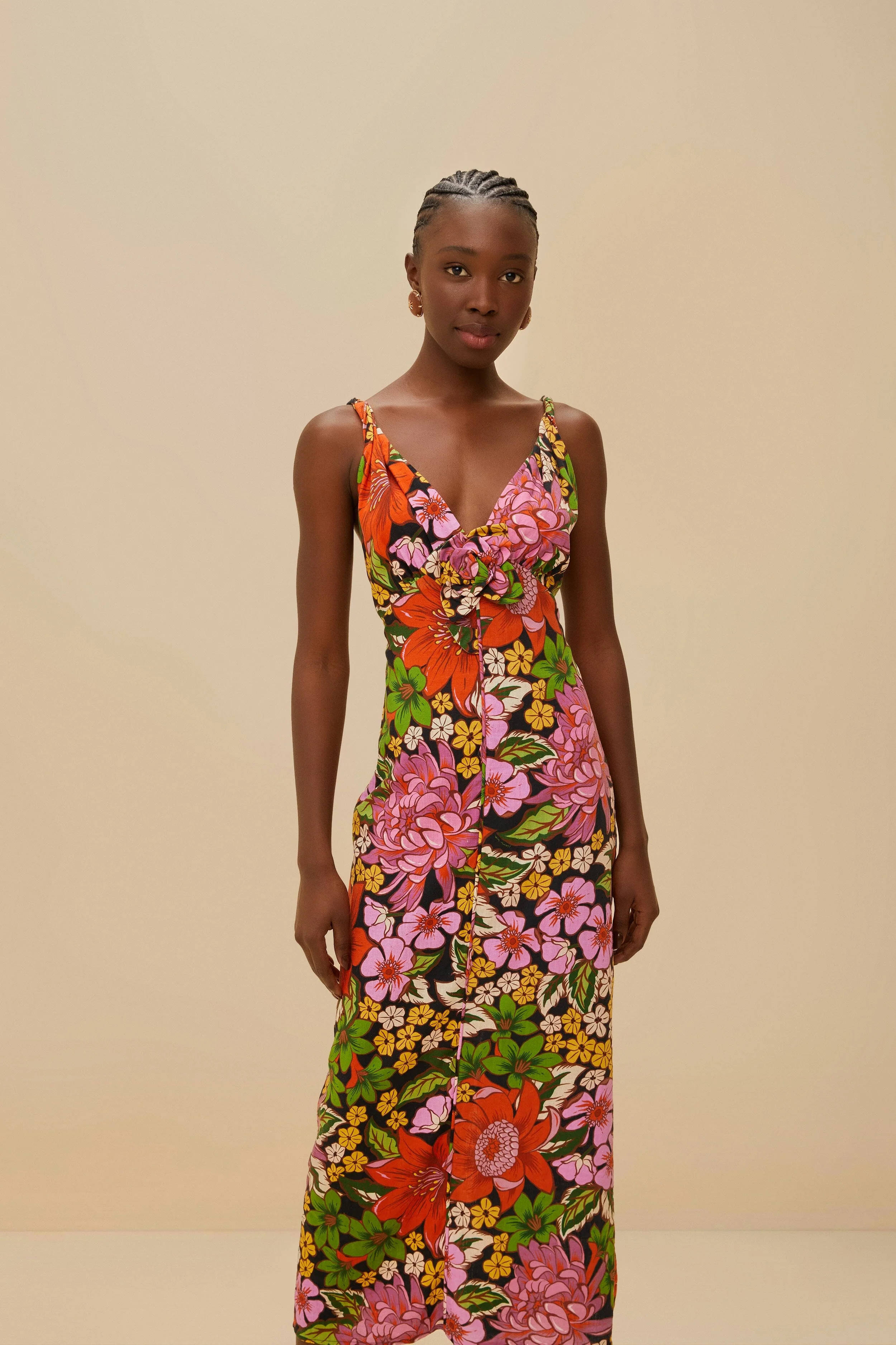 Black Floral Vivi Rose LENZING™ ECOVERO™ Euroflax™ Midi Dress | FarmRio (US)