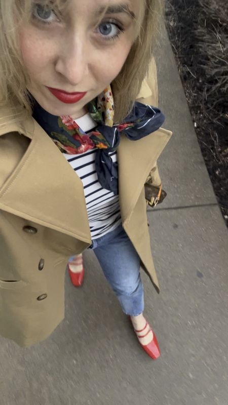 A little rainy day Happy Hour outfit with this classic trench coat, striped top, red Mary Jane’s and a scarf 

#LTKstyletip #LTKSeasonal