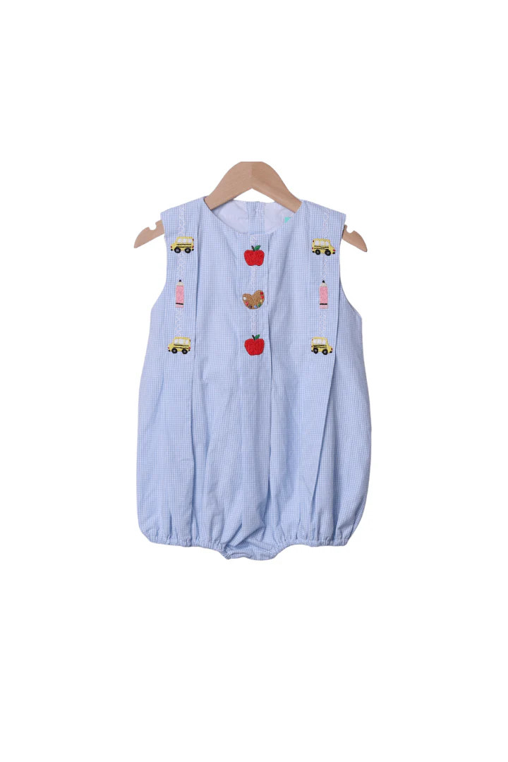 Embroidered School Days Blue Gingham Bubble | The Smocked Flamingo