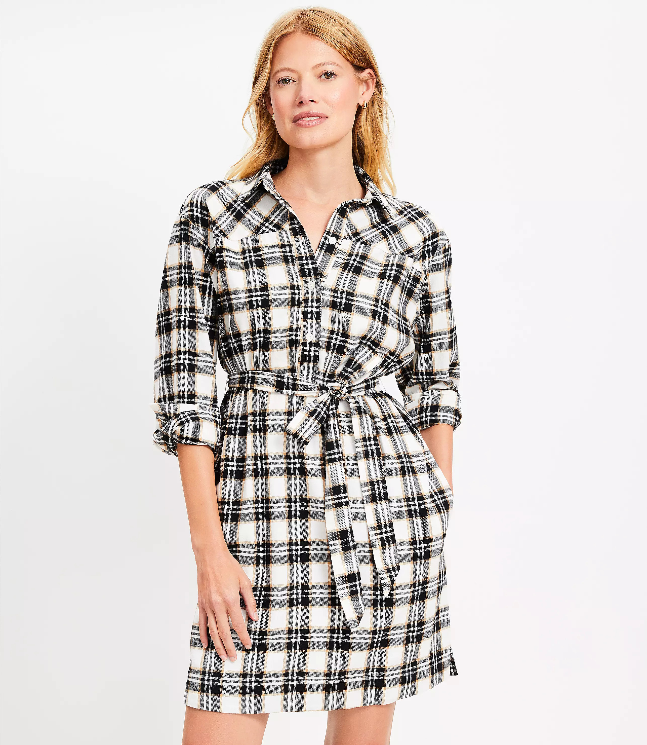 Petite Plaid Belted Mini Pocket Shirtdress | LOFT