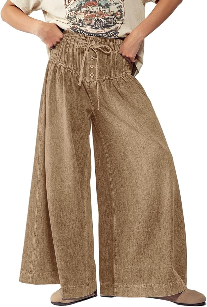 CHARTOU Women's Baggy Wide Leg Denim Pants Drawstring Midi Waisted Flare Jeans Ruffle Pleated But... | Amazon (US)