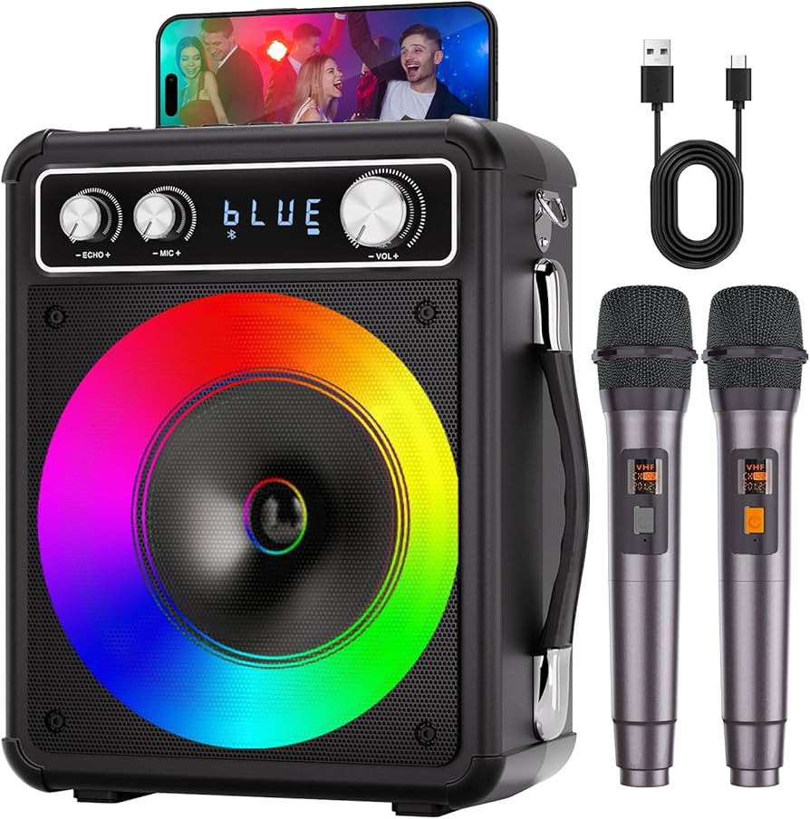 Karaoke Machine, Portable Bluetooth Karaoke Speaker with 2 Wireless Microphones, PA System for Ad... | Amazon (US)