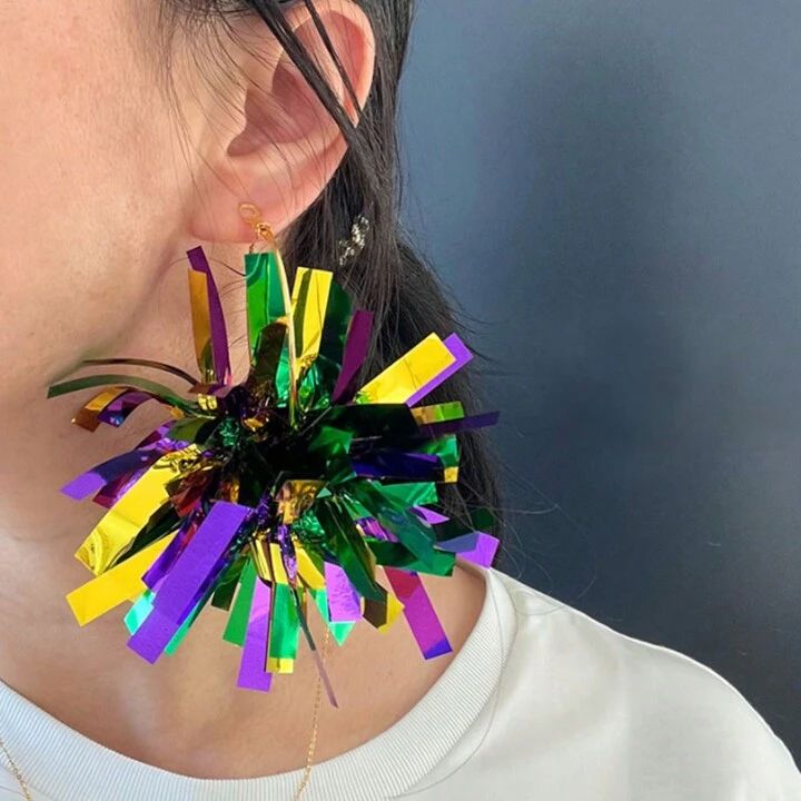 1 Pair Of Festive Atmosphere Carnival Fireworks Balls Exaggerated Earrings For Women Green Tassel... | SHEIN