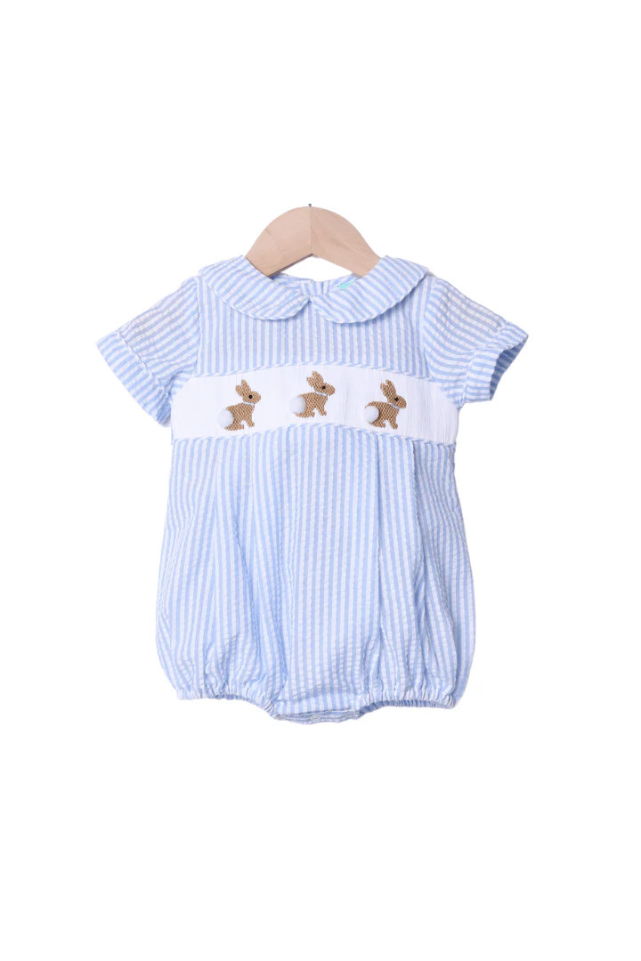 Smocked Seersucker Bunny Blue BOY Bubble | The Smocked Flamingo