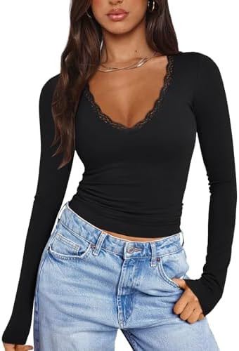 PINKMSTYLE Women Sexy V Neck Lace Long Sleeve Shirts Basic Fitted Double Lined Going Out Y2K Tren... | Amazon (US)