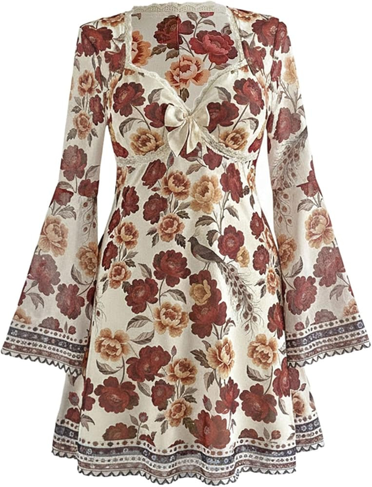 Women's Y2k Plus Size Hippie Vintage Boho Dress Leopard Bell Long Sleeve V Neck Bow Mesh Goth Min... | Amazon (US)