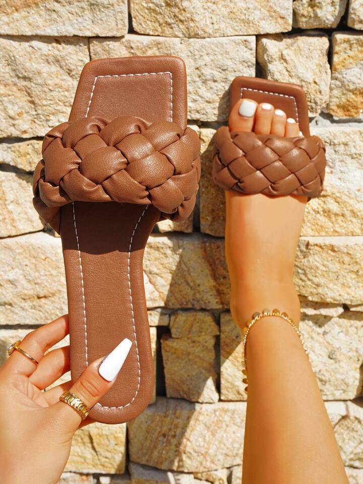 Women Braided Detail Flat Sandals, Vacation Brown Slide Sandals | SHEIN