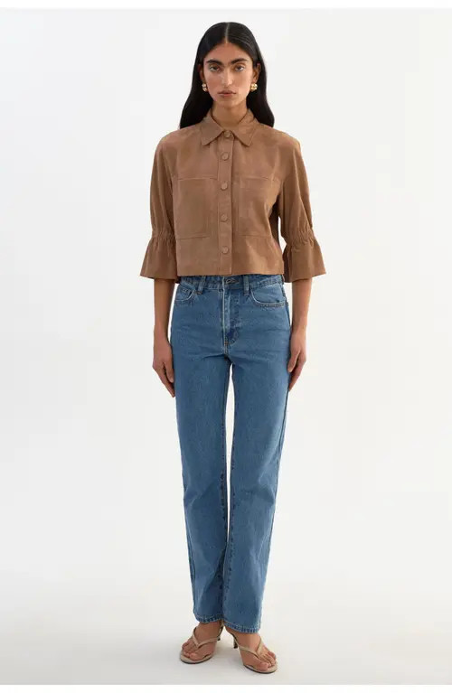 LAMARQUE Carolina S | Suede Ruffle Sleeve Jacket in Latte at Nordstrom, Size Small | Nordstrom