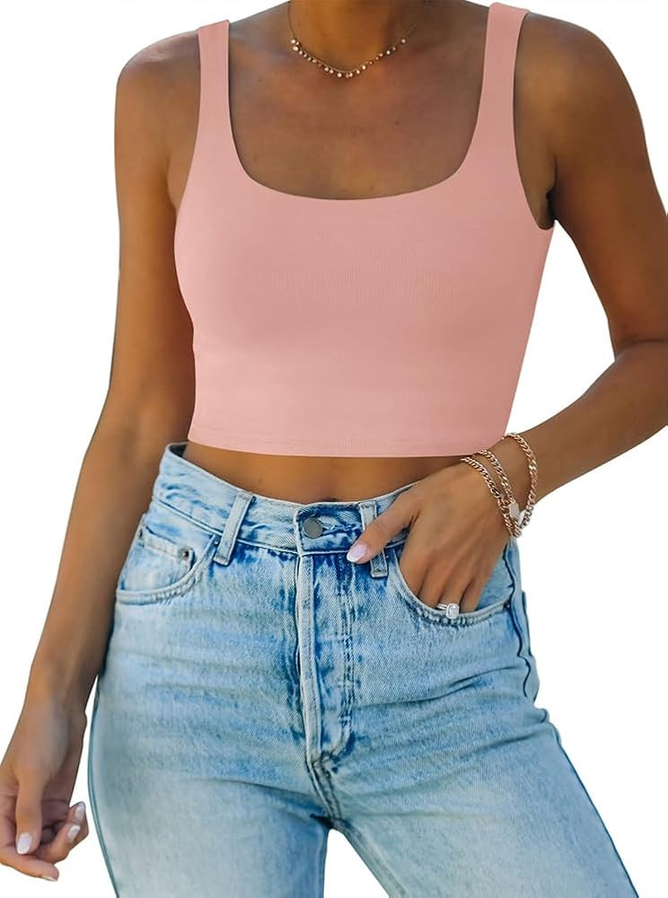 REORIA Women’s Sexy Square Neck Double Lined Seamless Sleeveless Cropped Tank Yoga Crop Basic T... | Amazon (US)