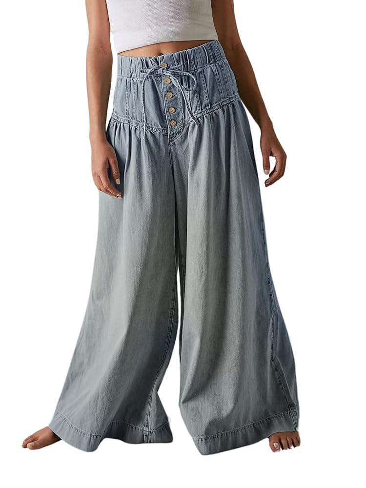 CHARTOU Women's Baggy Wide Leg Denim Pants Drawstring Midi Waisted Flare Jeans Ruffle Pleated But... | Amazon (US)
