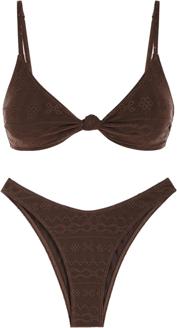 ZAFUL Women's Tie Knot Front Spaghetti Strap High Cut Bikini Set Swimsuit | Amazon (US)