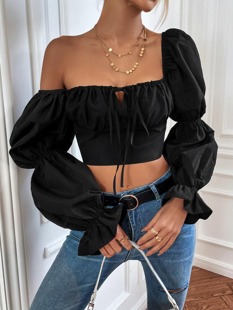 SHEIN SXY Square Neck Tie Front Flounce Sleeve Crop Blouse | SHEIN