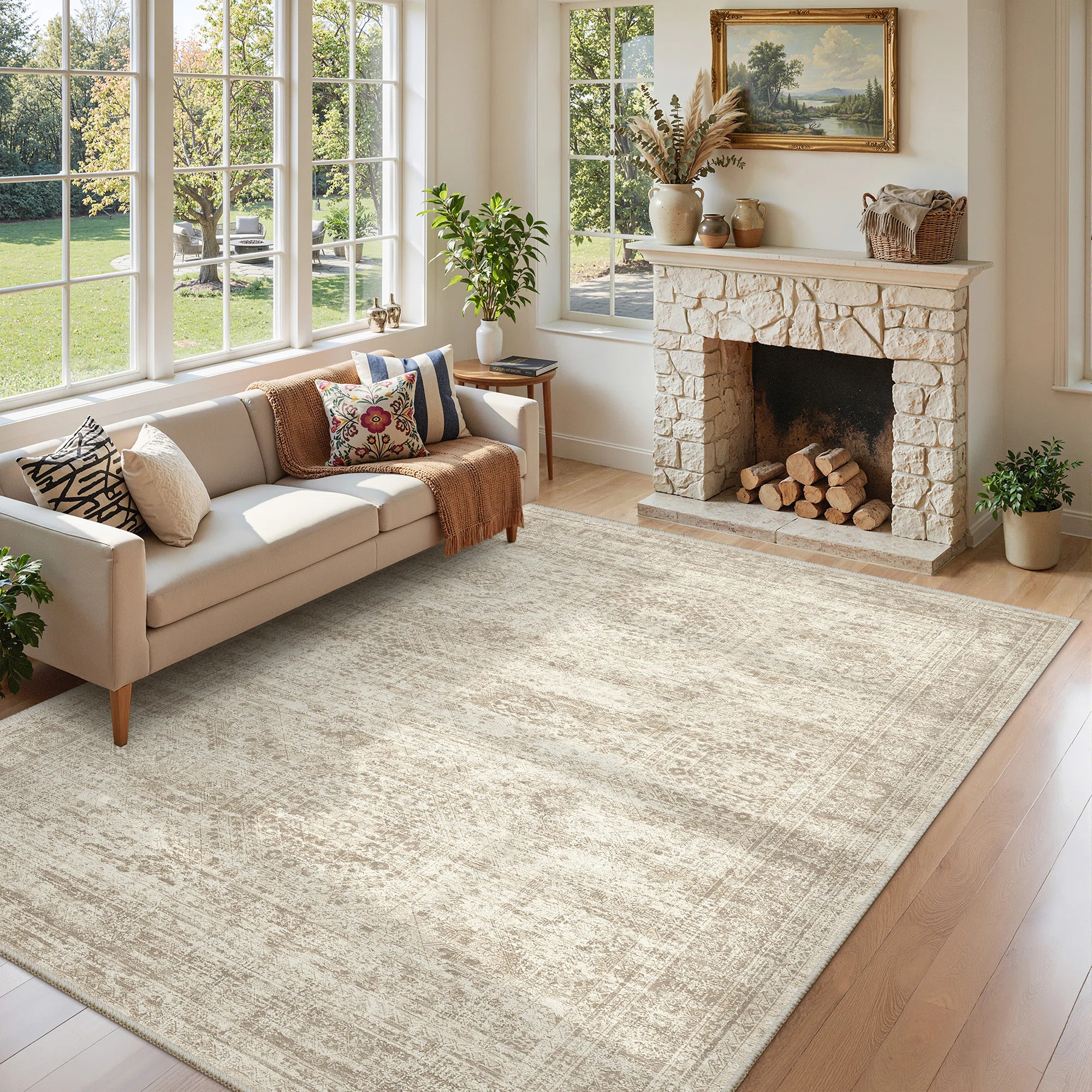 Washable Rug, Distressed Persian Rugs for Living Room, Stain resistant Abstract Area Rugs(Beige, ... | Wayfair North America