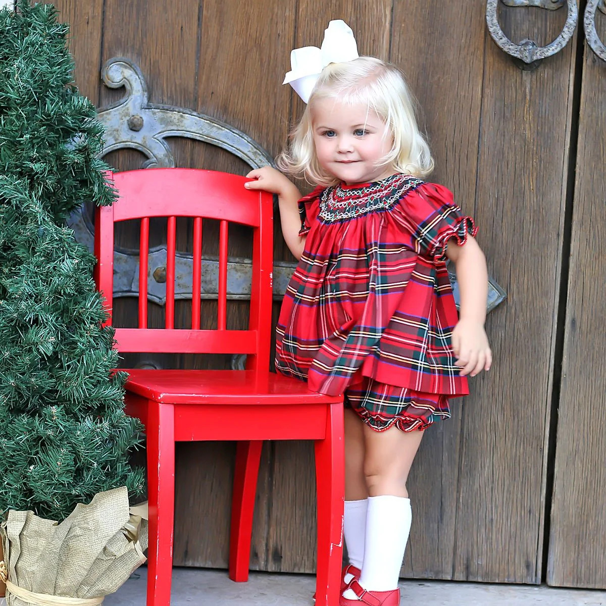 Goldbridge Plaid Red Smocked Bloomer Set | Classic Whimsy